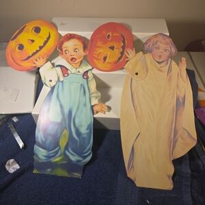Vintage Halloween Tin Cut Out Jointed Arms Jack O'Lantern Boy And Girl 14"-6"